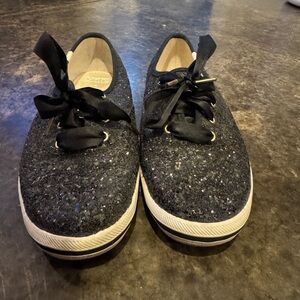 Kate Spade Keds Black Glitter Ribbon Lace-Up Sneakers